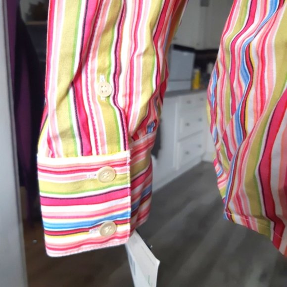 Liz Claiborne bright striped ruffle front button up collared blouse large - Picture 6 of 12